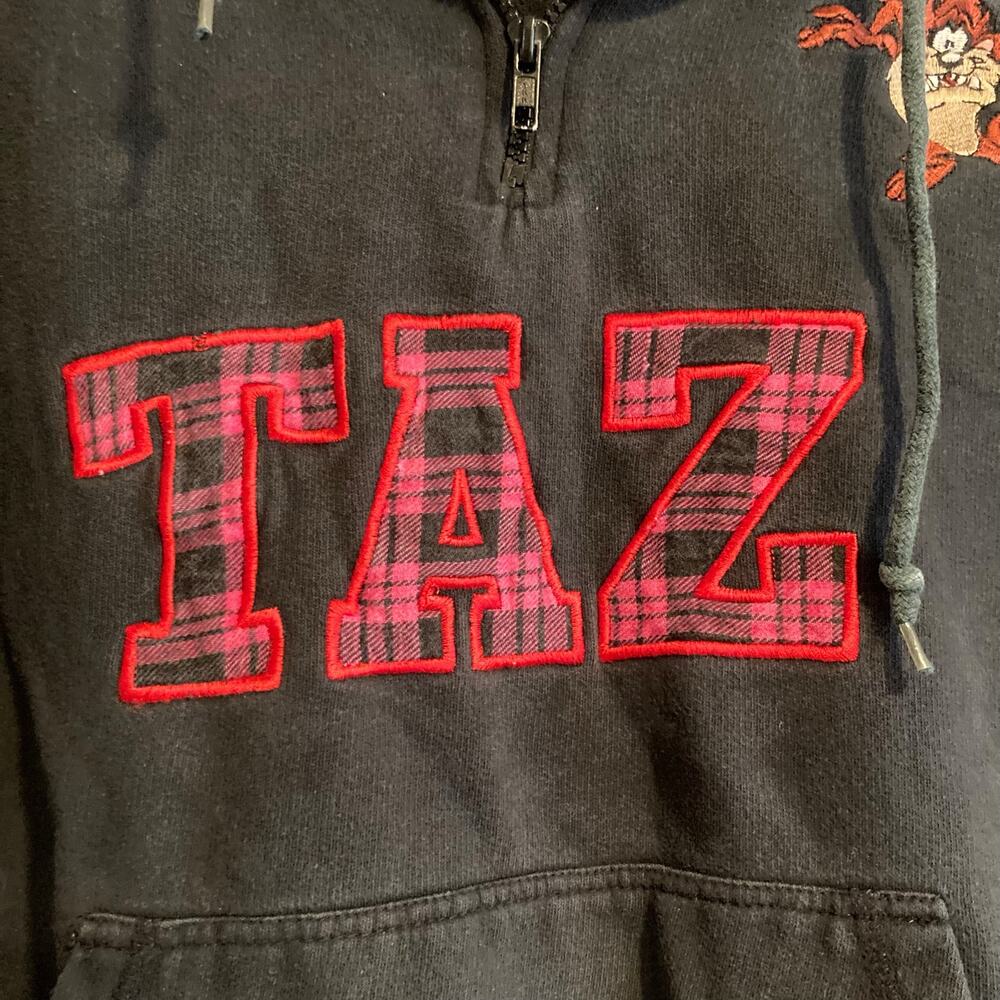 Y2K Looney Tunes Black Pink Plaid Taz Tasmanian Devil cartoon Hoodie Size Medium - Picture 12 of 16